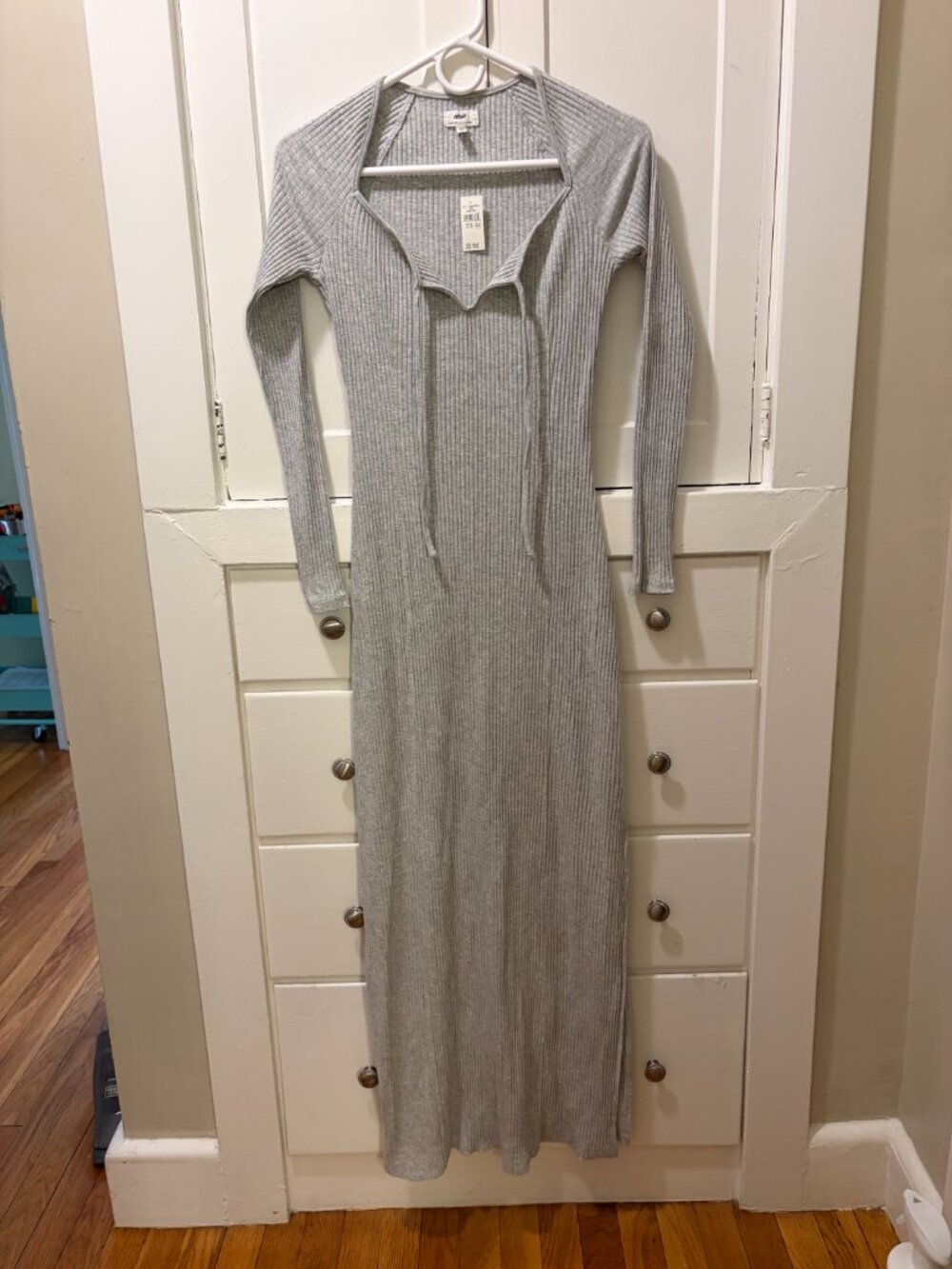 Aerie Ribbed Maxi Dress Gray Tie Neck - XS (NWT)